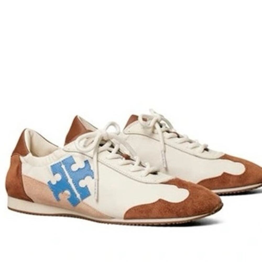 TORY BURCH Bellflower Blue Ivory Leather Suede Active Tory Sneakers size 6.5